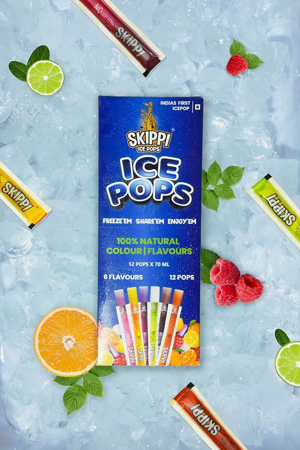 Skippi Icepops Natural Ice Popsicles - Assorted Flavors (Lemon, Mango, Orange, Raspberry, Bubblegum, Cola) - 12 x 70 ml - 100% Natural Colours, Flavours, and Preservatives - Image 4