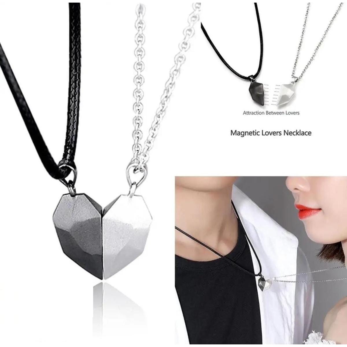 Heavy Metal Magnetic Heart Pendant Necklace gift for Friends Couples Pair of 2 Locket with Gift Box