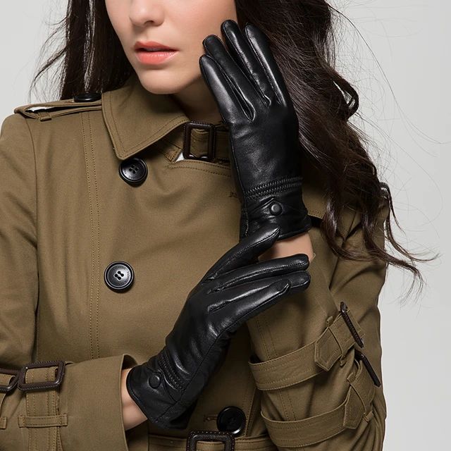 Pure Sheepskin Leather Gloves Short Plus Leather Thickened Soft Touch Screen Gloves Autumn Winter Driving Riding Women's Gloves - Image 2