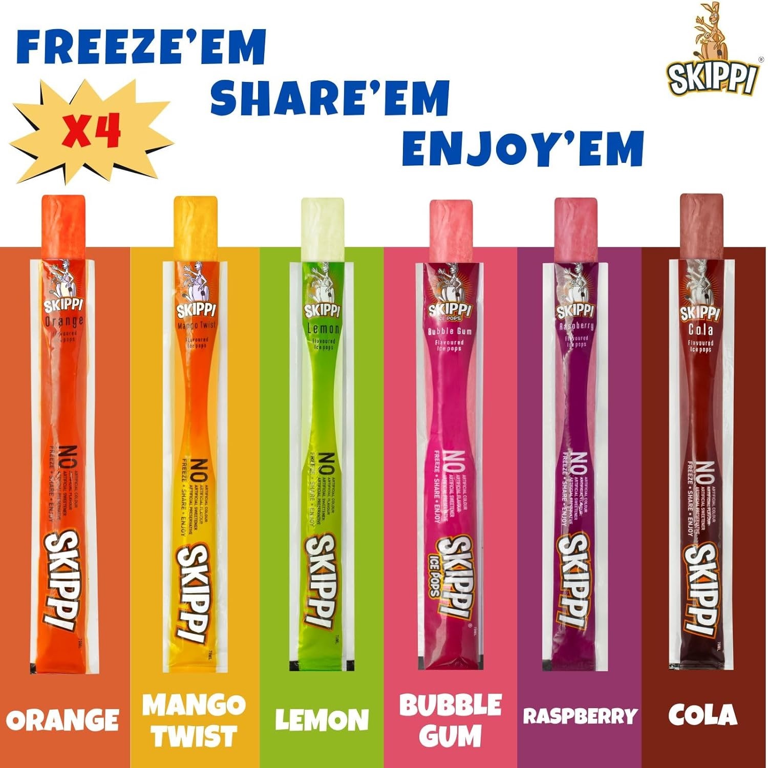 Skippi Icepops Natural Ice Popsicles - Assorted Flavors (Lemon, Mango, Orange, Raspberry, Bubblegum, Cola) - 12 x 70 ml - 100% Natural Colours, Flavours, and Preservatives - Image 8