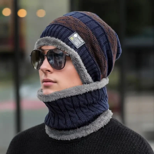 Beanie Cap 2 Piece Winter Elastic Knitting Thick Fleece Warm Woolen Sport Hat & Neck Scarf Set for Unisex Men Women Multicolor Snow Proof