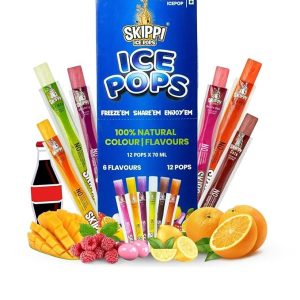 Skippi Icepops Natural Ice Popsicles - Assorted Flavors (Lemon, Mango, Orange, Raspberry, Bubblegum, Cola) - 12 x 70 ml - 100% Natural Colours, Flavours, and Preservatives