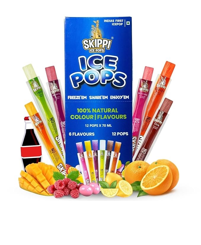 Skippi Icepops Natural Ice Popsicles - Assorted Flavors (Lemon, Mango, Orange, Raspberry, Bubblegum, Cola) - 12 x 70 ml - 100% Natural Colours, Flavours, and Preservatives