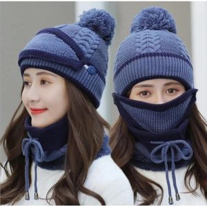 3PCS Knitted Hat Scarf Cap Breathable Mask Winter Warm Crochet Neck Knit Baggy Beanie Wool Skull Hat Ski Cap Scarf Beanie Scarf Bonnet Warm Hairball Baggy Hat Mask with Breathing valve