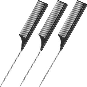 Tail Hair Styling Comb-Professional 8.8 Inch Tail Comb - Black Carbon Fiber And Stainless Steel Pintail - Chemical And Heat Resistant Teasing Comb - Lightweight Rat Tail Comb For All Hair Types
