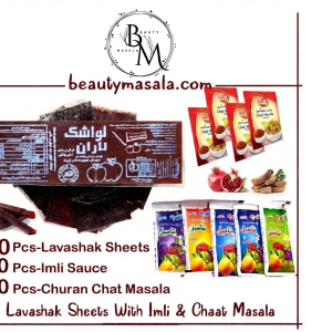 100 Pcs Mega Deal - 60 Lavashak Sheets + 10 Alocha Imli Sauce + 10 Churan Chaat Masala