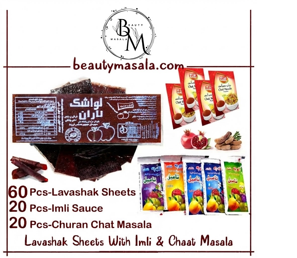 100 Pcs Mega Deal - 60 Lavashak Sheets + 10 Alocha Imli Sauce + 10 Churan Chaat Masala