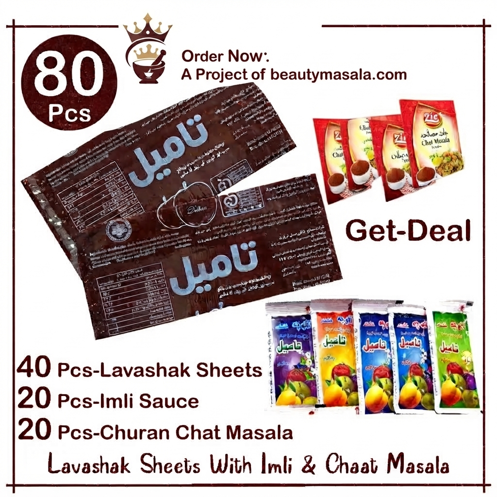 80 Pcs Get Deal - 40 Lavashak Sheets + 20 Imli Sauce + 20 Churan Chaat Masala Powder
