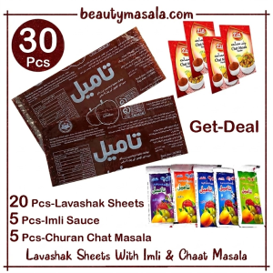 30 Pcs Get Deal - 20 Lavashak Sheets + 5 Imli Sauce + 5 Churan Chaat Masala Powder